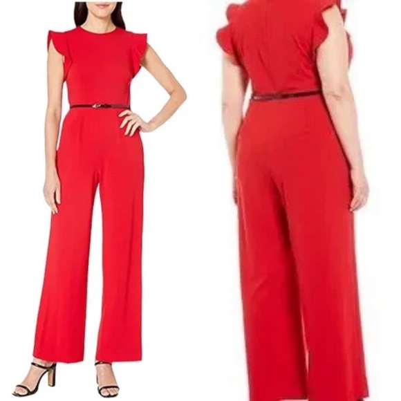 Calvin Klein Pants - Calvin Klein Belted Ruffle Sleeve Jumpsuit in Red, Womens Size 12